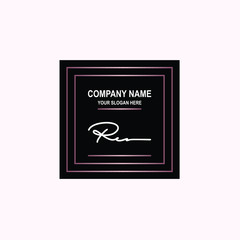RC Initial signature logo is white, with a dark pink grid gradation line. with a black square background