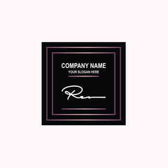 RE Initial signature logo is white, with a dark pink grid gradation line. with a black square background