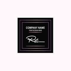 RT Initial signature logo is white, with a dark pink grid gradation line. with a black square background