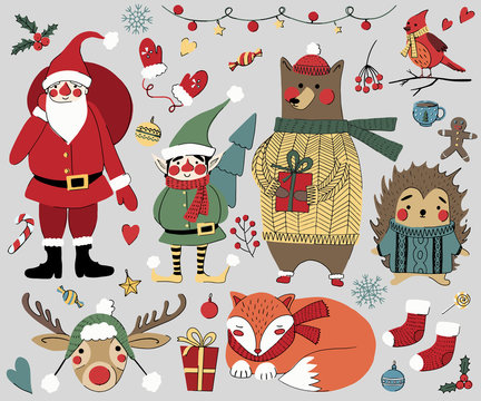 Set of Christmas and New Year elements with animals and Santa. Hand drawn Vector illustration.