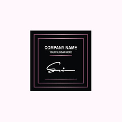SI Initial signature logo is white, with a dark pink grid gradation line. with a black square background