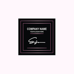 SJ Initial signature logo is white, with a dark pink grid gradation line. with a black square background