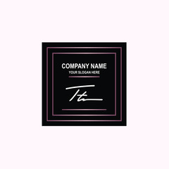 TT Initial signature logo is white, with a dark pink grid gradation line. with a black square background