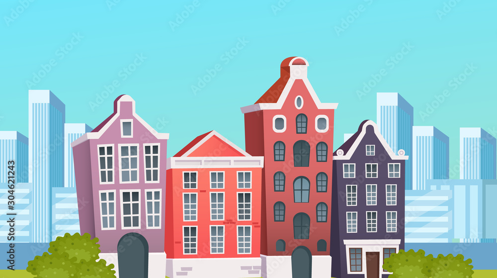 Wall mural City street with vintage houses building cartoon facades. Old urban landscape vector illustration