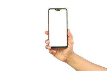 The hand is holding the white screen, the mobile phone is isolated on a white background with the clipping path.