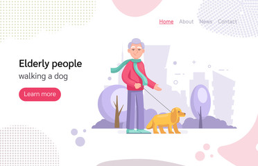 Elderly man walking a dog on a leash. Grey haired elderly people cartoon vector isolated on city park background landing page