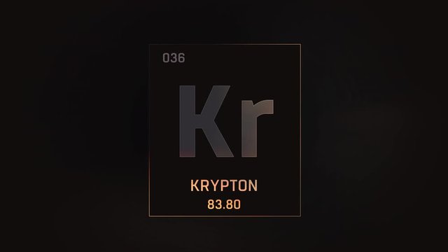 Krypton as Element 36 of the Periodic Table. Seamlessly looping 3D animation on grey illuminated atom design background with orbiting electrons. Design shows name, atomic weight and element number