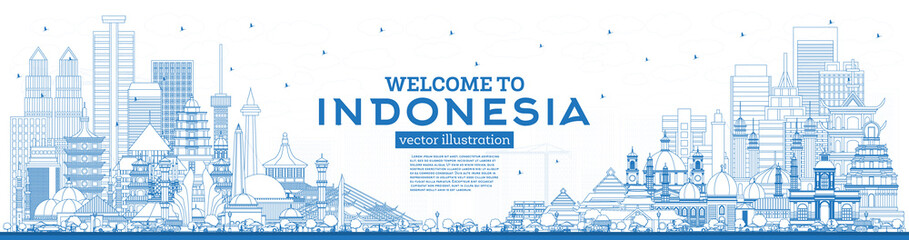 Obraz premium Outline Welcome to Indonesia Skyline with Blue Buildings.