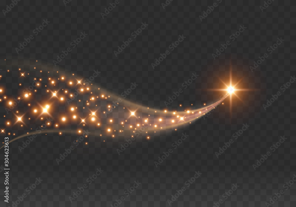 Wall mural gold star isolated on transparent background. light glow effect sparkles wave. vector golden sparkli
