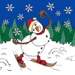 Funny Snowman skiing. Cute winter holiday card. Character in a hat and knitted scarf. Vector cartoon illustration. Merry Christmas and happy new year. Pine forest and snowflakes.