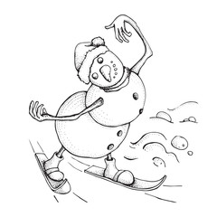 Funny Snowman skiing. Cute winter holiday icon. Blackline ink person in a hat and knitted scarf. Vector hand drawn doodle illustration isolated on white background. Merry Christmas and happy new year