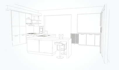 Linear sketch of an interior. Sketch Line dining room . Vector illustration.outline sketch drawing perspective of a interior space