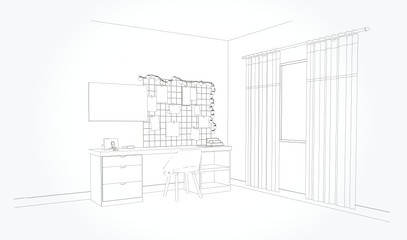 Linear sketch of an interior. Living room plan. Sketch Line sofa set. Vector illustration.outline sketch drawing perspective of a interior space.