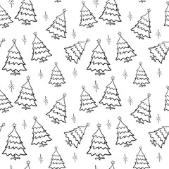 Christmas tree doodle pattern. Hand drawn fir trees on transparent backdrop. Seamless vector background. Winter elements for design. Winter theme. Christmas and New Year.