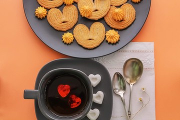 Holiday table setting and Cookies in Shape of Heart at Valentine Day