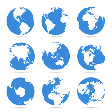 Globes icon collection. Blue globe. Planet with continents Africa, Asia, Australia, Europe, Antarctica, North America and South America