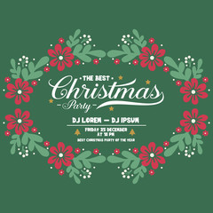 Poster template of christmas party, with green leaves frame and red flower, isolated on dark green background. Vector