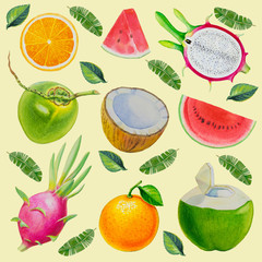 Watercolor painted collection of fruits.