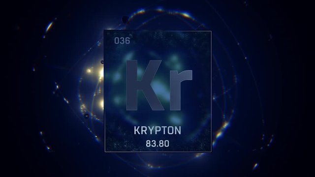 Krypton as Element 36 of the Periodic Table. Seamlessly looping 3D animation on blue illuminated atom design background with orbiting electrons. Design shows name, atomic weight and element number