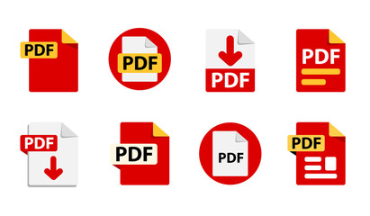 Collection of vector icons PDF. File format extensions icons. 8 different design options. Circle buttons. flat design style