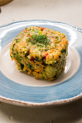 Potato Mash Puree Salad with Dill, Carrot, Vegetables and Olive Oil.