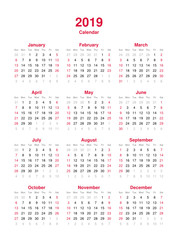 Calendar 2019 - 12 months yearly calendar in year 2019 - calendar template - planner calendar