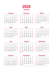 Calendar 2020 - 12 months yearly vector calendar in year 2020 - calendar template - planner calendar