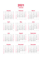Calendar 2021 - 12 months yearly vector calendar in year 2021 - calendar template - planner calendar
