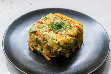 Potato Mash Puree Salad with Dill, Carrot, Vegetables and Olive Oil.