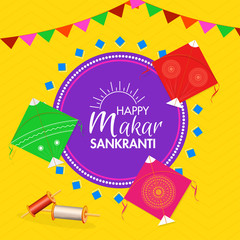 Happy Makar Sankranti greeting card design decorated with colorful kite, string spool and bunting flags on yellow wavy striped background.