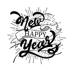 Calligraphy of Happy New Year text with black rays effect on white background.