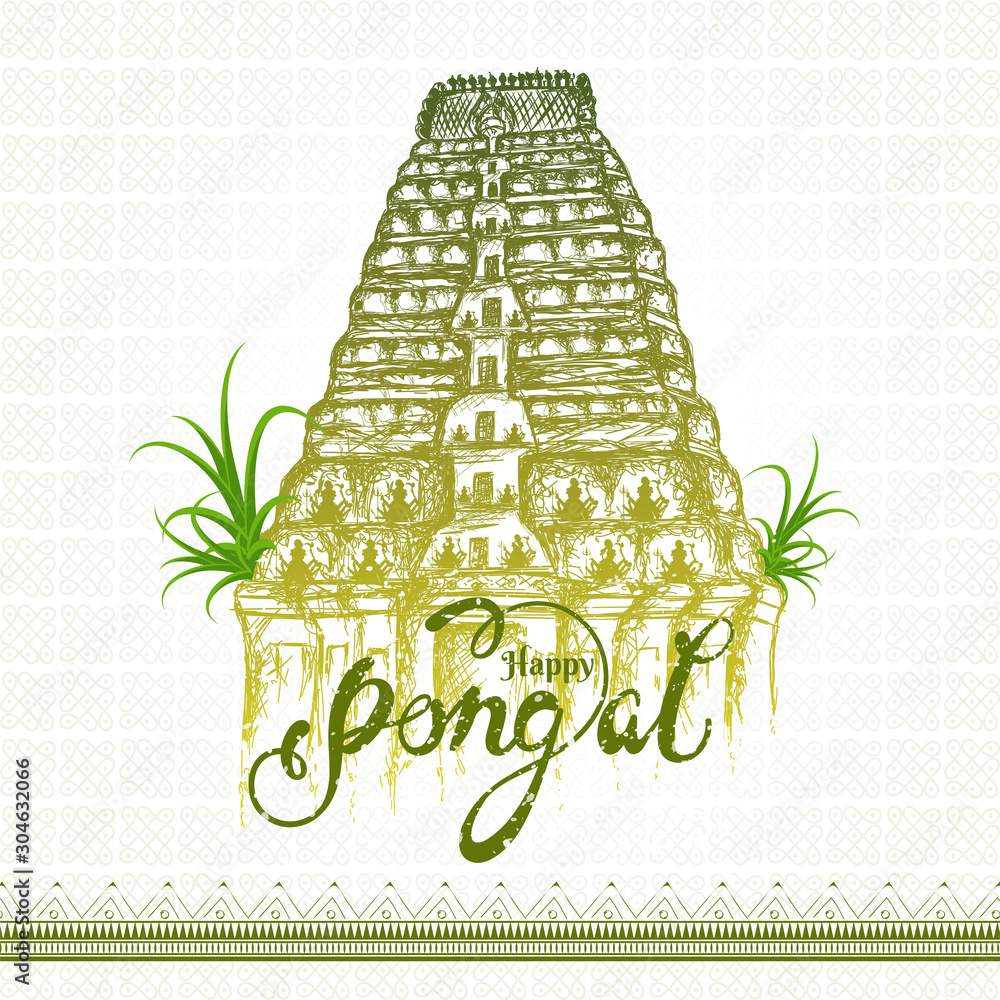 Sticker calligraphy text happy pongal with sketching of meenakshi temple on seamless knot pattern background