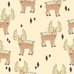 Seamless Pattern with cute Hand Drawn Animals of Forest. Scandinavian Style. Bright Colors.