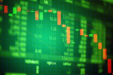 Candle stick graph chart with indicator showing bullish point or bearish point, up trend or down trend of price of stock market or stock exchange trading, investment concept.