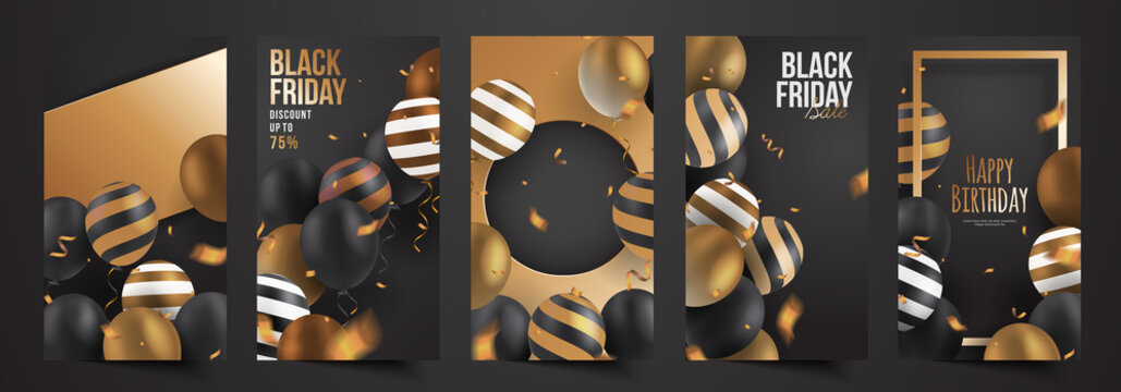 Set of black friday, new year, birthday theme social media stories post design, 3d realistic black and gold balloon and ribbon confetti banner cover frame template vector