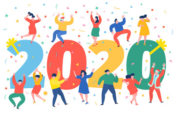 Fototapeta premium Business people, man and woman building a numbers 2020, in flat modern style. preparing to meet the new year .