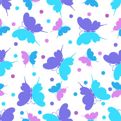 Fototapeta na wymiar Seamless pattern with butterfly ornament in purple, pink and light blue pink tones on a white background