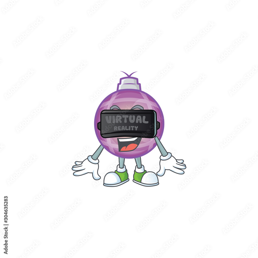 Sticker cool yellow christmas ball character in virtual reality headset.