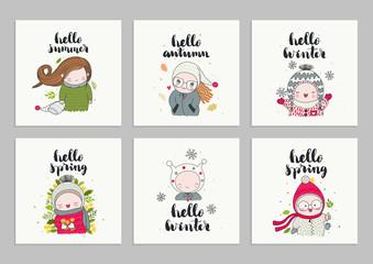 Set of invitations cards, posters, with children in cute beanies and hand drawn lettering - hello spring, summer, winter, and autumn. Vector illustrations.