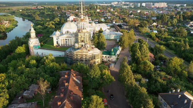 Panorama of the Borisoglebsky Monastery in town Torzhok, view from above. Tver region. Russia