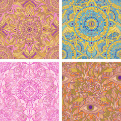Set of seamless backgrounds. Gypsy, ethnic oriental boho design, Indian or Arabic motifs, hippie, arabesque, tiled floral vector patterns.