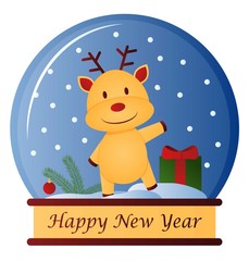 Snow globe. Glass ball with deer and gifts. Christmas souvenir, interior decoration. Isolated on white background. Flat style.