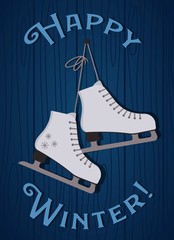 Winter greeting card with figure skates. Liner in winter sports goods. Figure skating. Skates hanging on the wall.