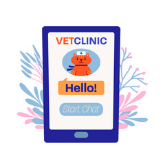 Smart phone screen showing vet clinic customer support chat with a funny cat bot, chatbot in a cap, artificial intelligence, virtual assistant concept, vector illustration. Veterinary clinic chatbot