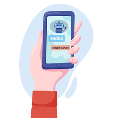 Left human hand holding phone, smartphone in vertical position with cute robot chatbot offering to start a chat, virtual assistant, customer support concept, flat style vector illustration