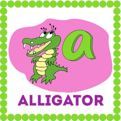 Letter a lowercase cute children colorful zoo and animals ABC alphabet tracing flashcard. Learning card for kids. English Vocabulary vector illustration.	