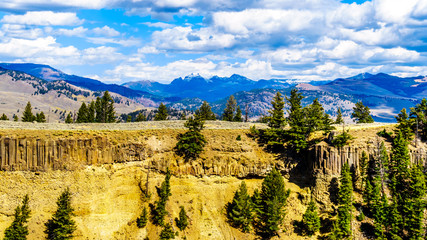 View from Calcite Springs Overlook showing the basalt cliffs on the opposite side of the Yellowstone River. The overlook is at the downstream end of the Grand Canyon of the Yellowstone, Wyoming, USA