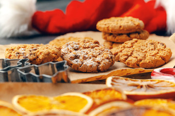 Beautiful composition of Christmas sweets with decorations