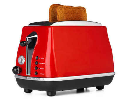 Stylish red toster for bread isolated on white background