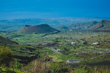 Panoramic view of the roads and hills on the island of Fogo, Capo verde islands.